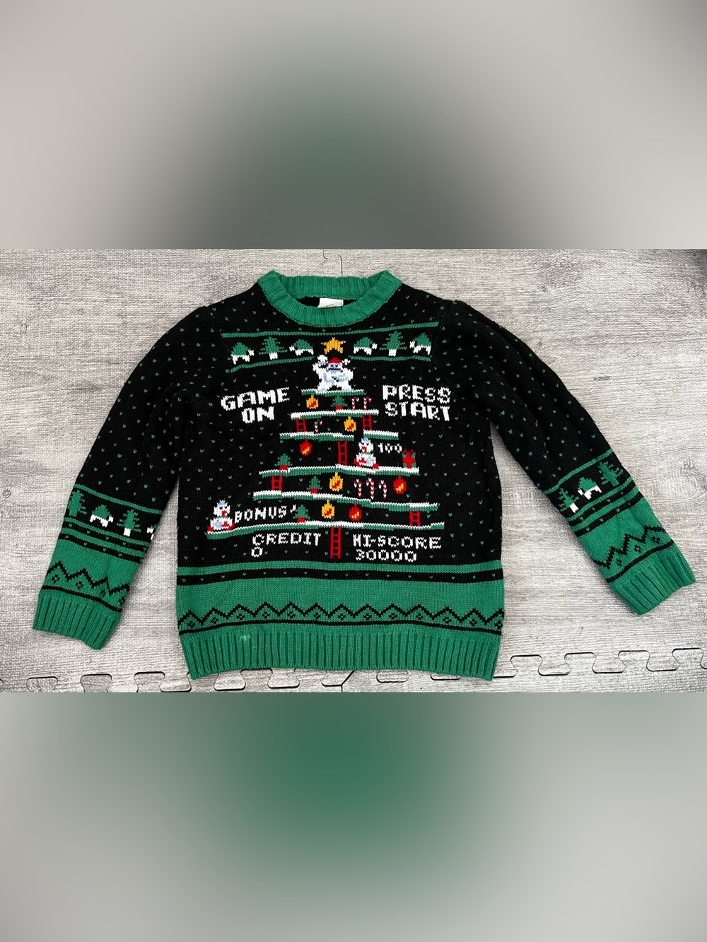 Holiday Time Kids XS 4-5 Knit Pullover Sweater Crew Neck Santa Black Green